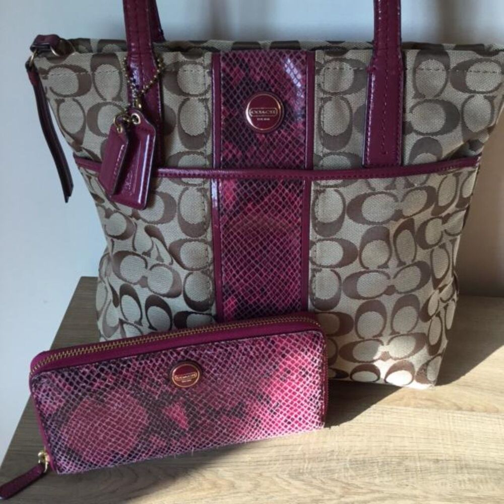 Coach 2013 Raspberry Python Stripe Tote w/Matching Accordion Zip-around Wallet